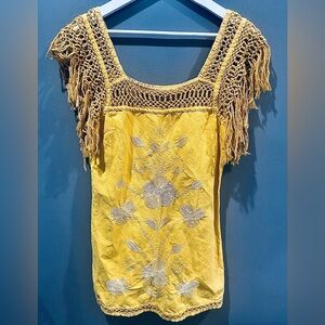 Free People Yellow Floral Embroidered Fringe Crochet Dress size S